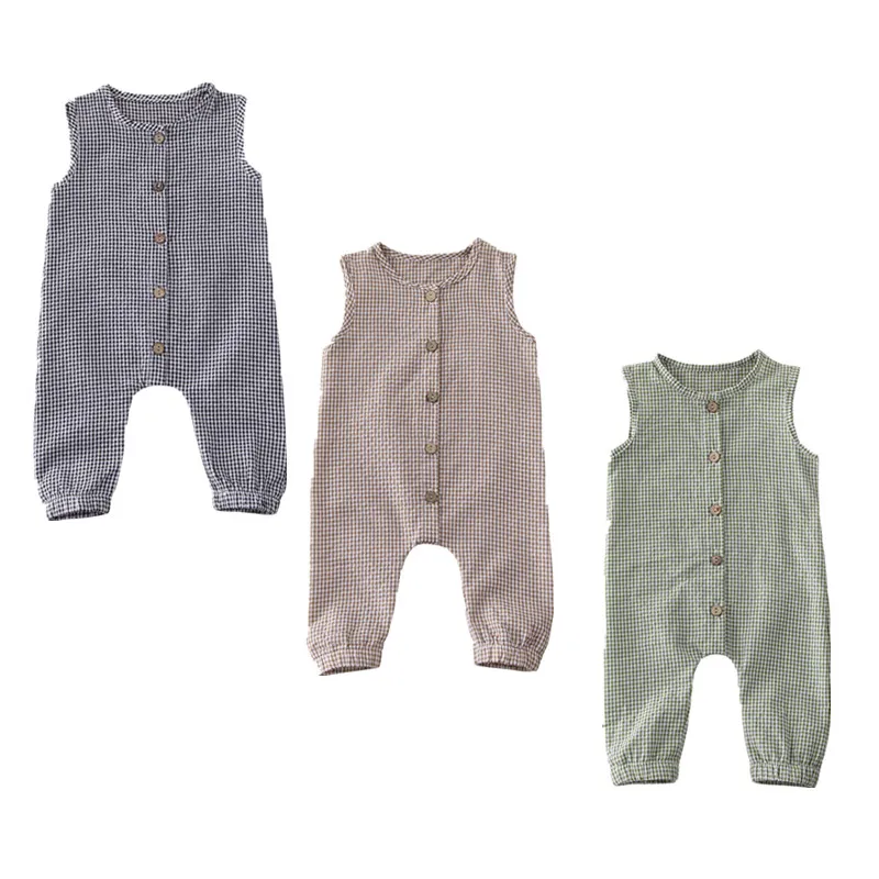 

2023 Baby Summer Clothing Newborn Baby Girl Boy Clothes Sleeveless Plaids Romper Jumpsuit Overall Casual Outfits