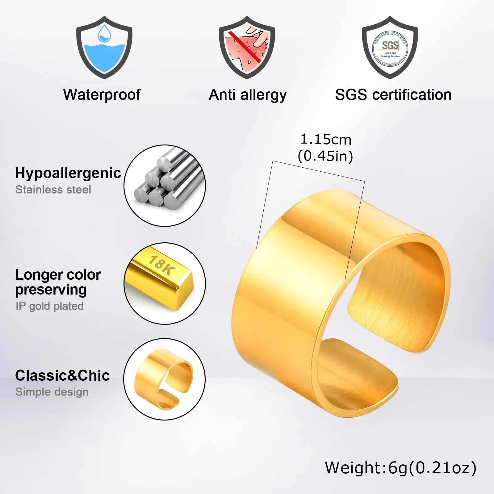 Men's Punk Stainless Steel Open Ring,6/8/11.5MM Width Stainless Steel Bend Ring,Simple Free Adjustable Ring