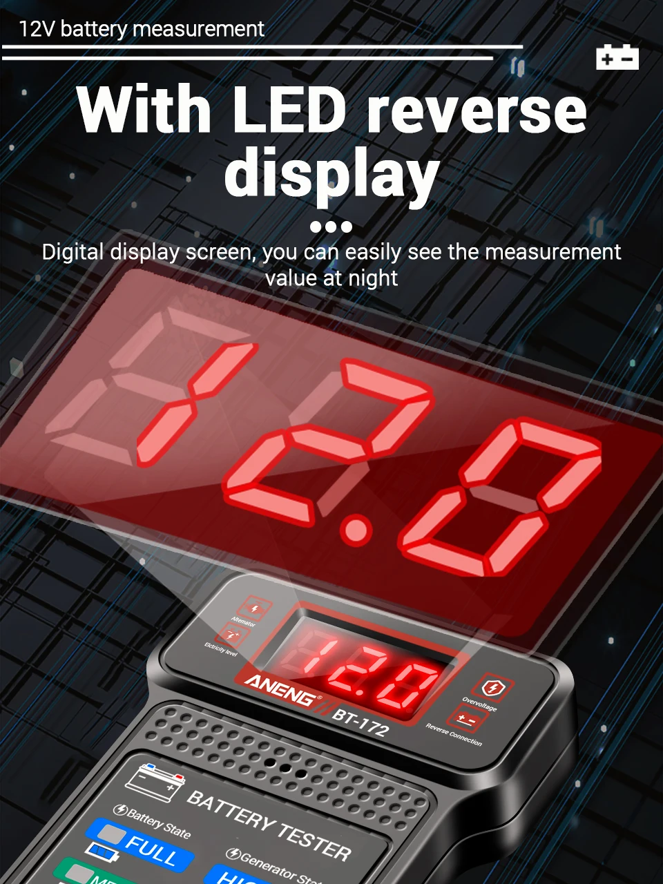 Description Picture 4 of itemANENG BT-172 12V Multifunctional Battery Testers LED Reverse Display Screen Auto Repair Industry Electrician Tester Tools