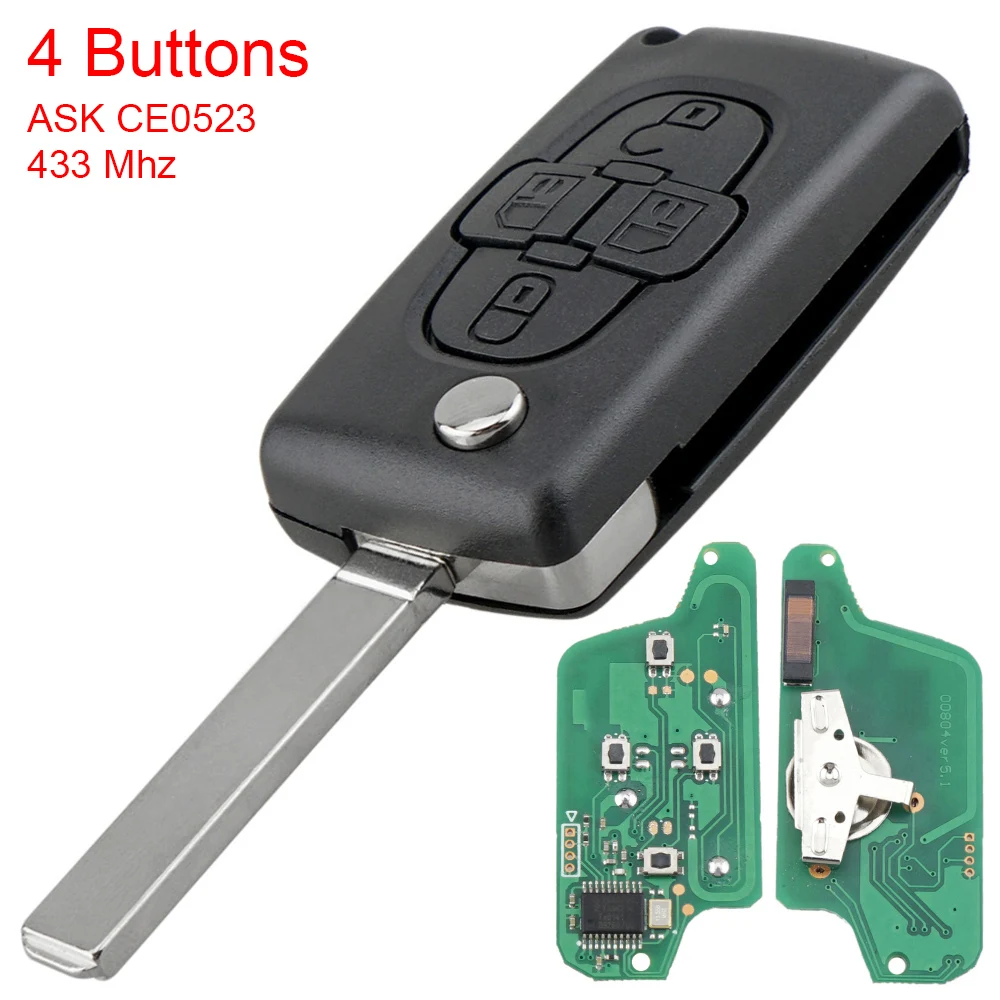 ASK 433Mhz 4 Buttons ID46 Chip and VA2 Blade CE0523 Flip Folding Remote Key Fob Fit for Peugeot 1007 Citroen  C8