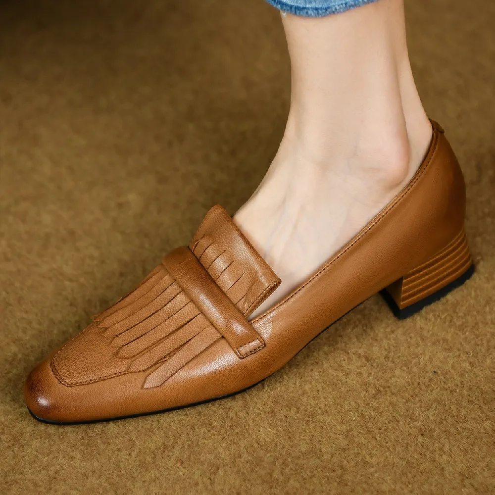 

Women's sheepskin square toe slip-on flats loafers leisure soft comfort fringe decoration casual female moccasins shoes women