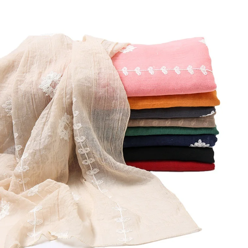 

Big Size Embroidery Plain Cotton Linen Hijab Scarves Women Muslim Shawls Solid Headscarf Wraps Islamic Turban Foulard Ramadan