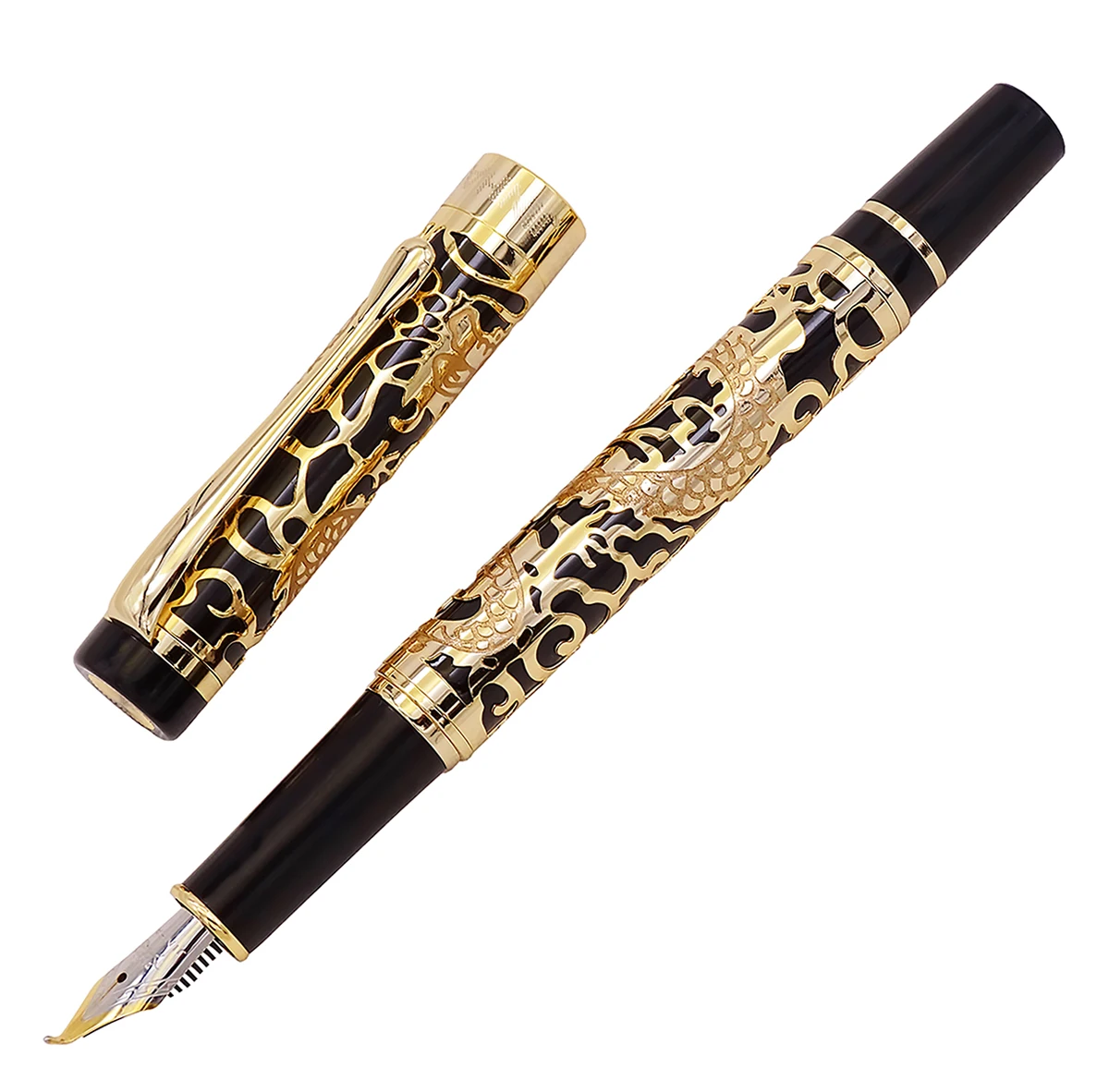 Jinhao 5000 Luxury Metal Calligraphy Fountain Pen Bent Nib Beautiful Dragon Texture Carving, Golden & Black Office Pen