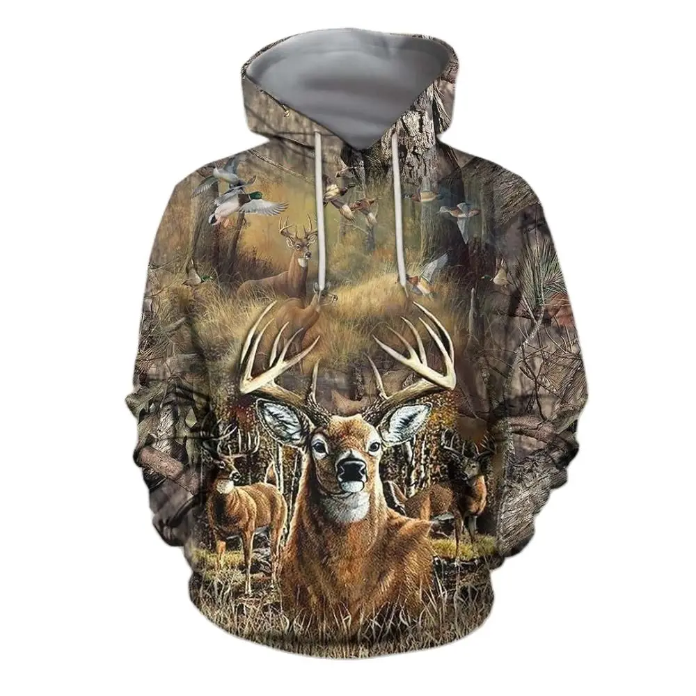 

Fashion Men's Hoodies Forest Camouflage Animal Elk Wild Boar Pattern Spring And Autumn Style Street Trend Casual Loose Oversized