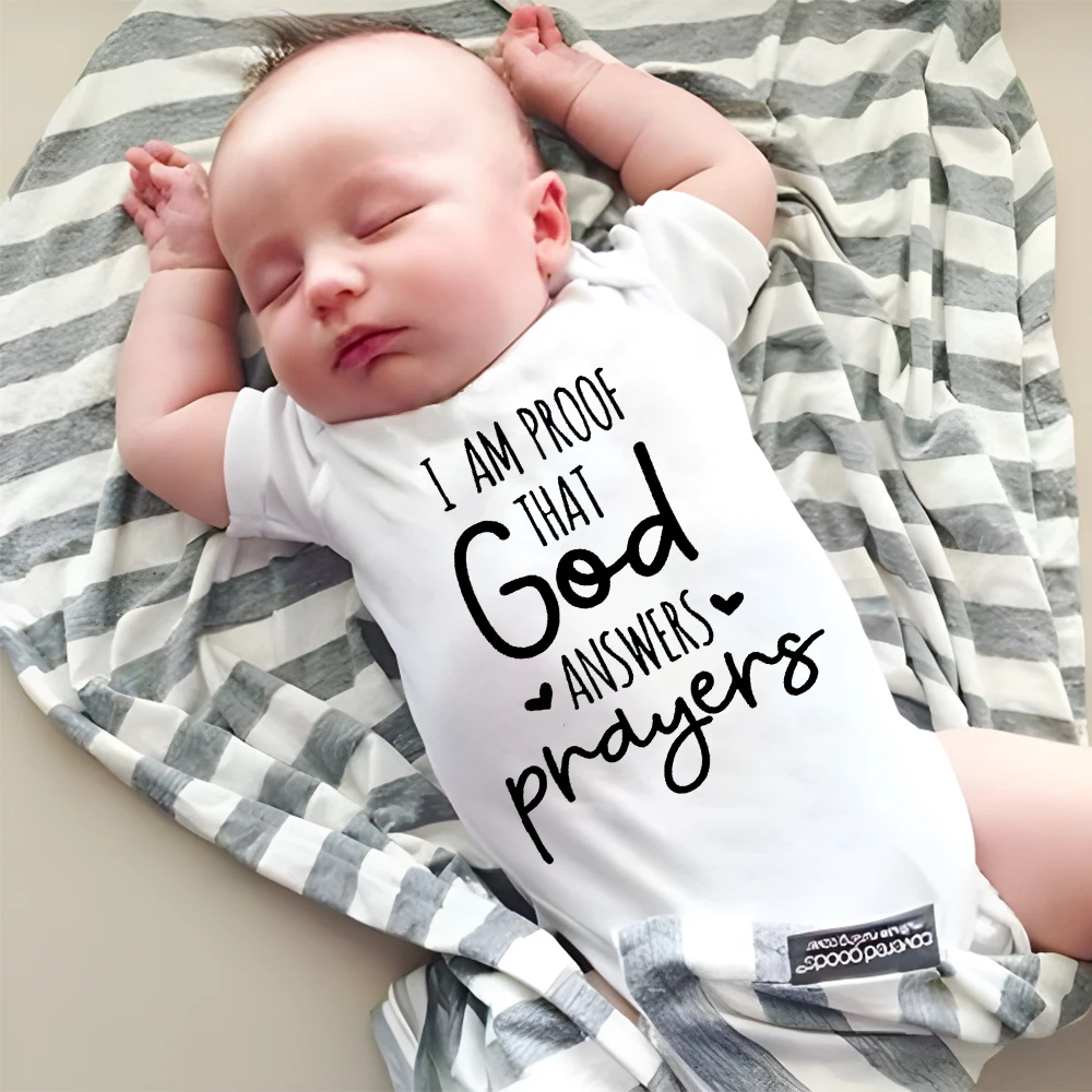 

I Am Proof That God Answers Prdyers Printed Baby Romper Infant Short Sleeve Bodysuit Boys Girls Funny Jumpsuits Newborn Clothes