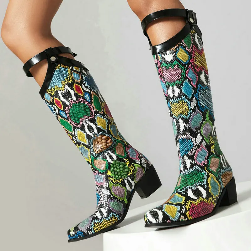 

Extra Plus Size 34-48 Green Colorful Snakeskin Print Punk Goth Metallic Ladies Winter Shoes Knee-high Buckle Belt Western Boots