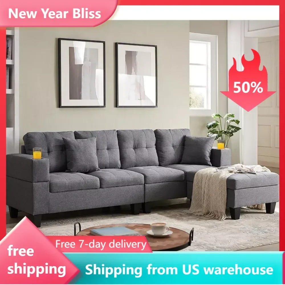 

Nailhead Trim Sofá for Apartments Sofa L-Shape Corner Couch With Storage Ottoman Living Room Sofas for Home Light Gray Bed