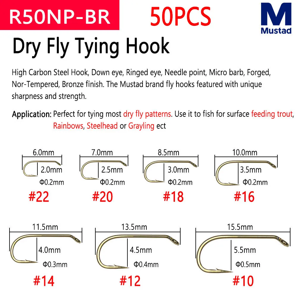 Mustad 50pcs High Carbon Steel Barb Fly Tying Hook For Dry Wet Nymph  Streamer Caddis Trout Salmon Steelhead Fishing Lures Baits