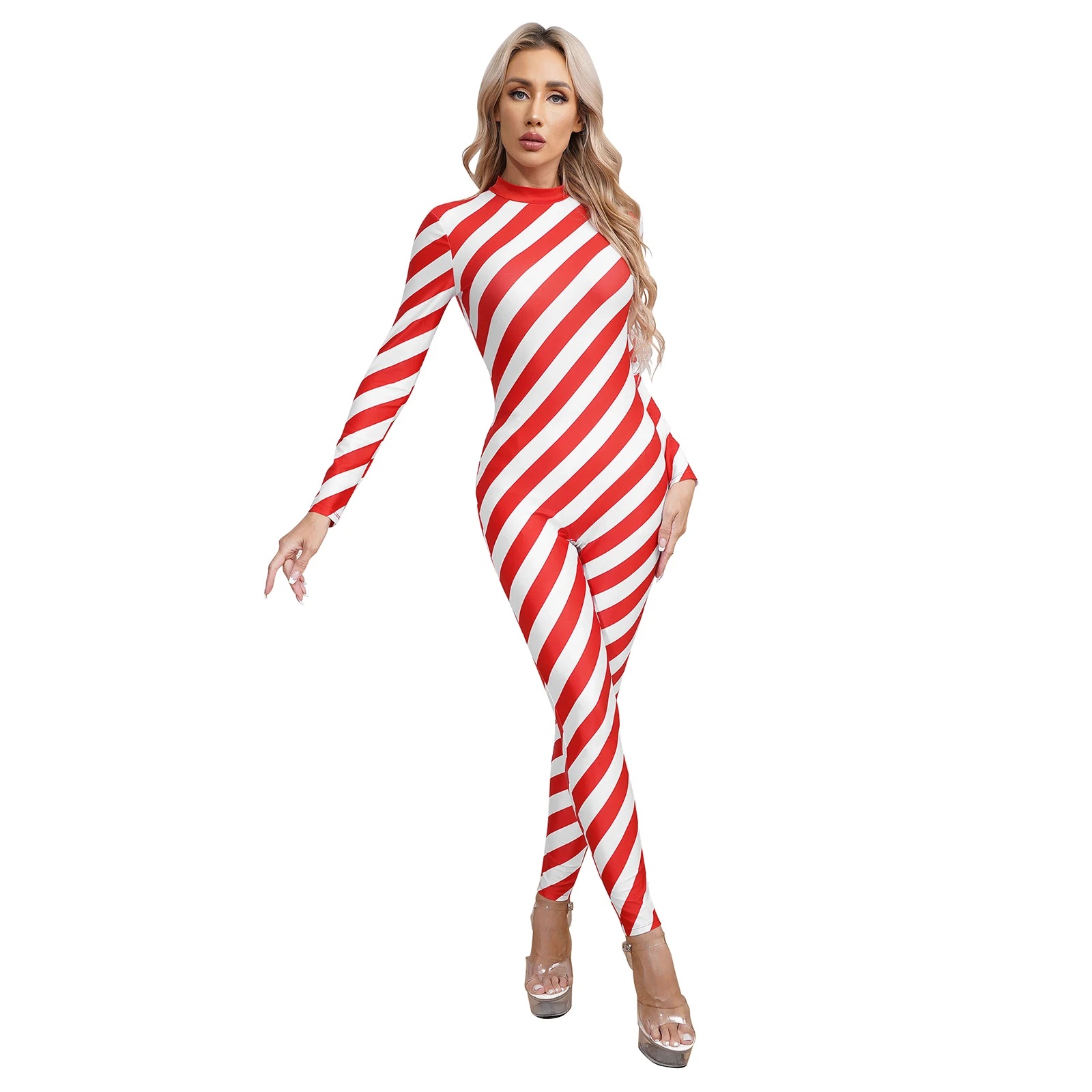 

Women's Xmas Candy Cane Striped Unitard Jumpsuit Christmas Ballet Dance Gymnastics Leotard Long Sleeve Back Zipper One-piece