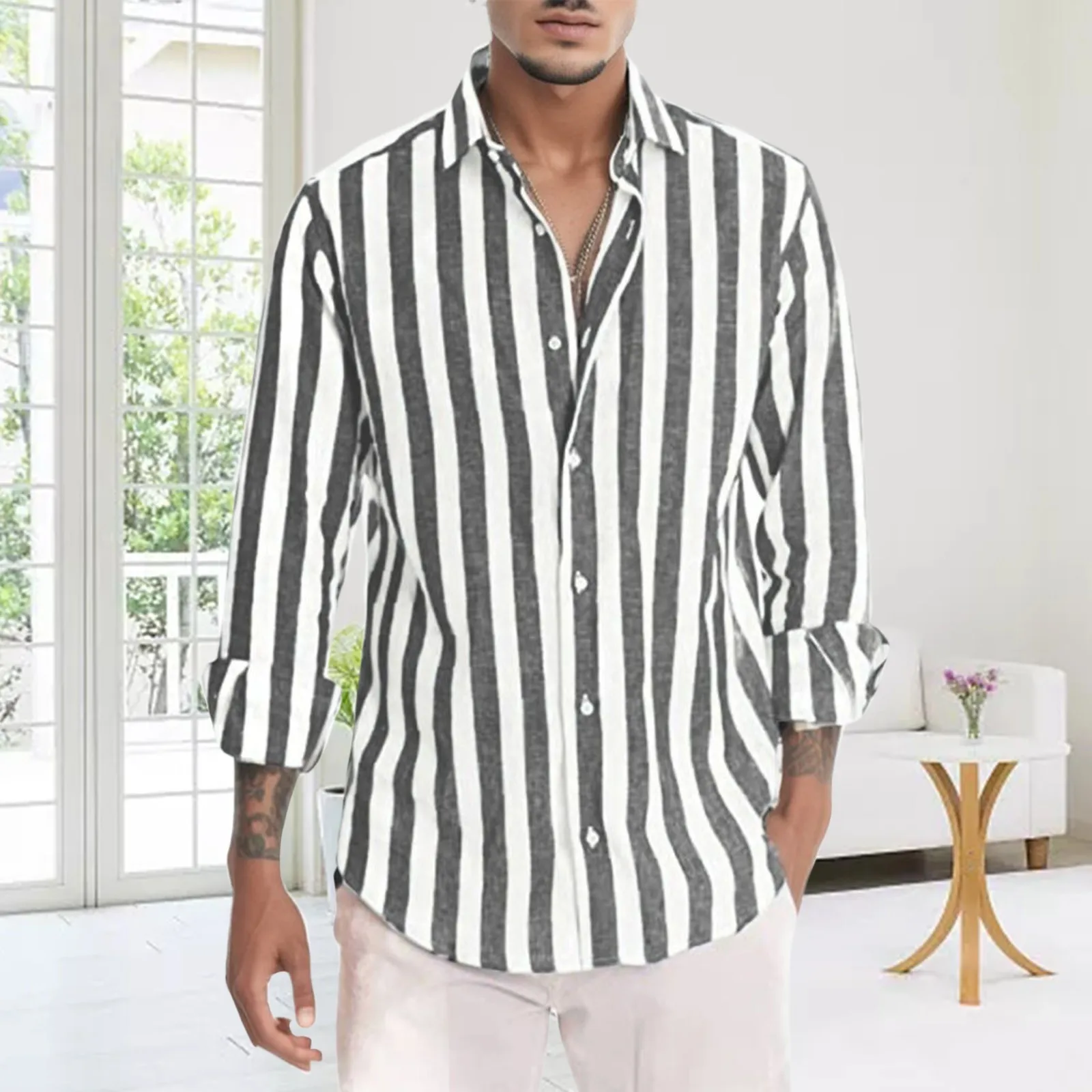 

Mens Casual Striped Shirt Linen Long Sleeve Turn Down Collar Oversized Loose Shirts Spring Summer All-Match Breathable Shirts