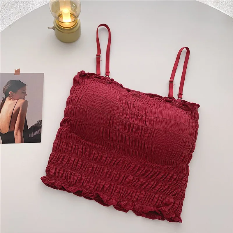 Pure Cotton Pleated Small Camisole with Chest Pad Short Beautiful Back Wrapped Chest Outer Wear Tube Top Underwear верхняя труба women tank tops lace camisole tops