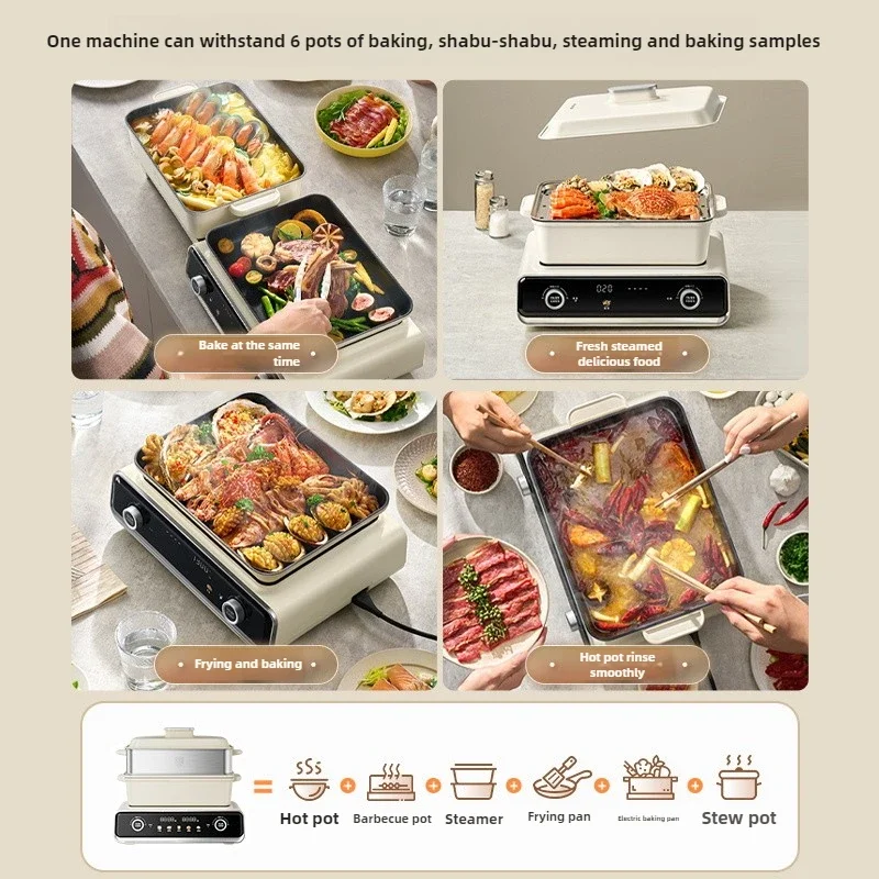 220V Foldable Electric Hot Pot Electric oven Multifunctional Cooker Household Barbecue Maker Electric Steaming Cooker Frying Pan 4