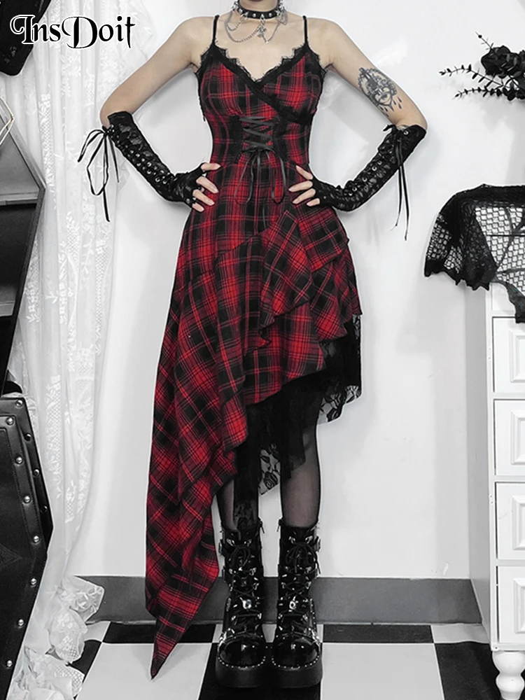 

InsDoit Womens Plaids V Neck Sleeveless Irregular Hem Dress Harajuku Black Red Plaid Pleated Backless Lolita Bodycon Party Dress