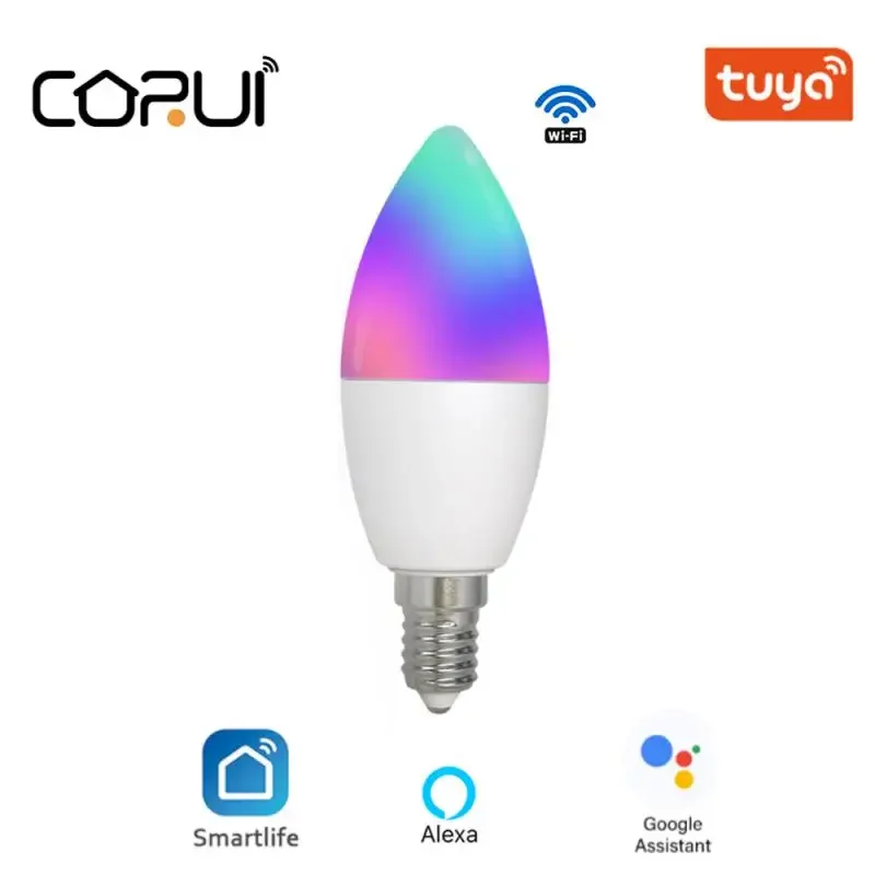 

CORUI E14 Tuya WiFi Smart RGB LED Light Bulb 100-240V Dimmable Magic Bulbs Alexa Google Home Voice Control Work With Smart LIfe