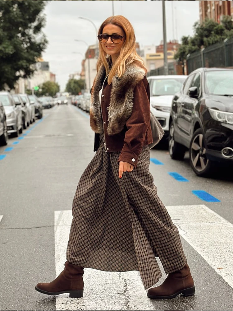 Elegant Plaid Long Skirts For Women Fashion Ruched New High Waist Midi Skirt High Street Casual Chic Party Skirts Mujer ﻿ ﻿