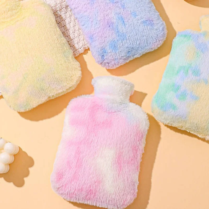 500/1000ml Plush Hot Water Bag Portable Rainbow Color Leak Proof Warm Water Bag Winter Warm Hand Stomach Water Injection Bottle