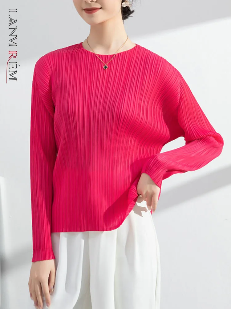 

Женская плиссированная футболка LANMREM, однотонный пуловер с длинными рукавами и круглым воротником, свободная Летняя женская одежда 2024, 2I533