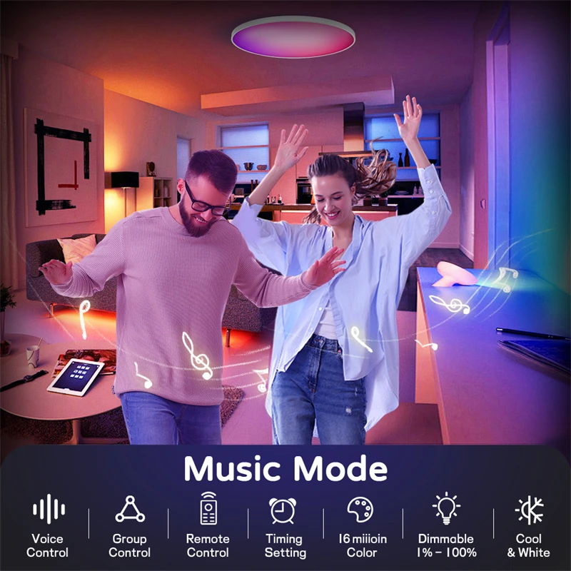 Ultra Thin Smart LED Ceiling Light with Audio Music Play - Round Chandelier, 24W/30W, Bluetooth & WiFi Enabled Indoor Lamp