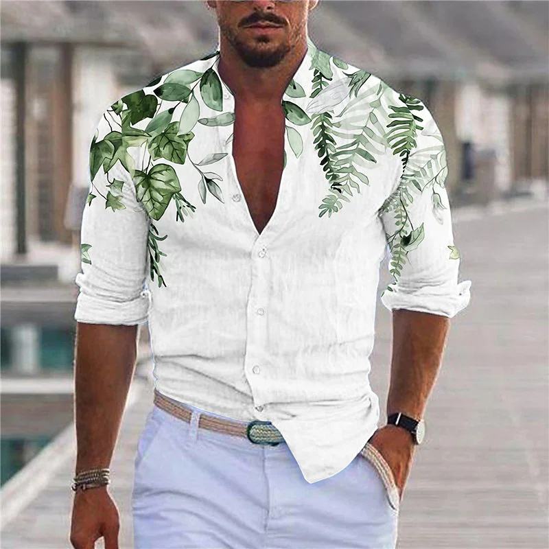 floreada de manga larga para hombre, camiseta de manga larga con solapa, ropa calle, moda de 2022 -