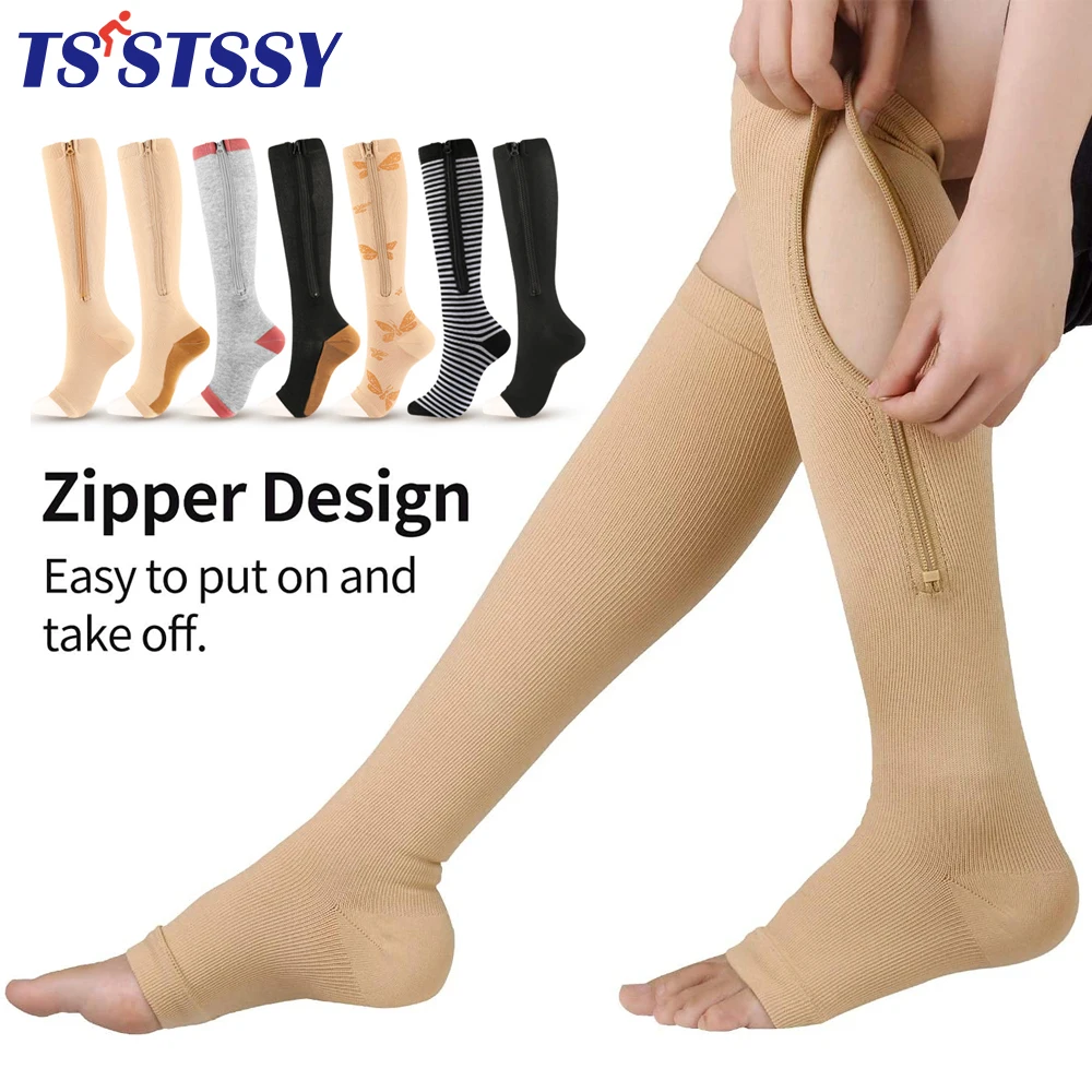 

1Pair Zipper Calf Compression Sleeves for Men Women 30-40mmHg Toeless Stockings for Varicose Veins Sock Running Athletics