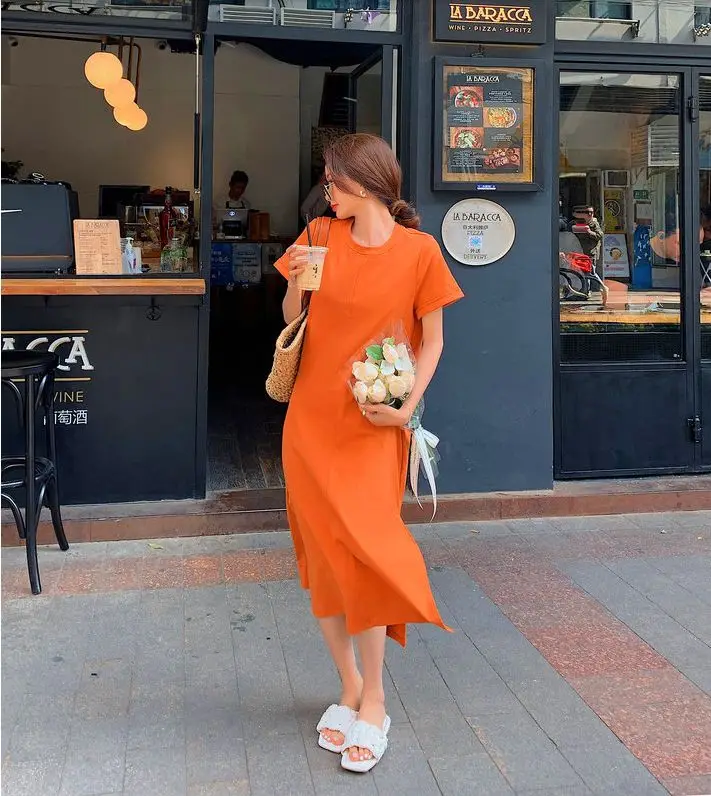 Casual Backless T Shirt Dress Summer New Round Neck Short Sleeve Solid Color Loose Midi Dress Fashion Trend Women Clothing