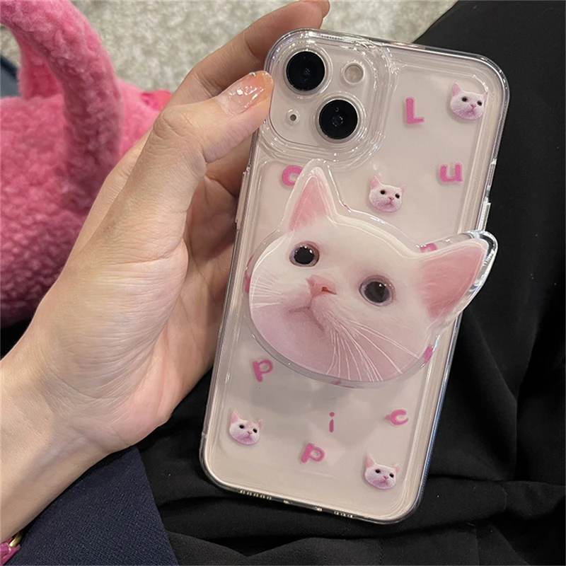 INS Korea Cute 3D Cat Bracket Transparent Phone Case For iPhone 13 12 11 Pro XS