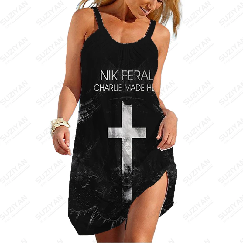 2023 Vintage Christian Cross 3D Print Dress Summer Fashion Casual Dress Abito Senza Maniche Da Strada Allentato Da Donna Slip Dress