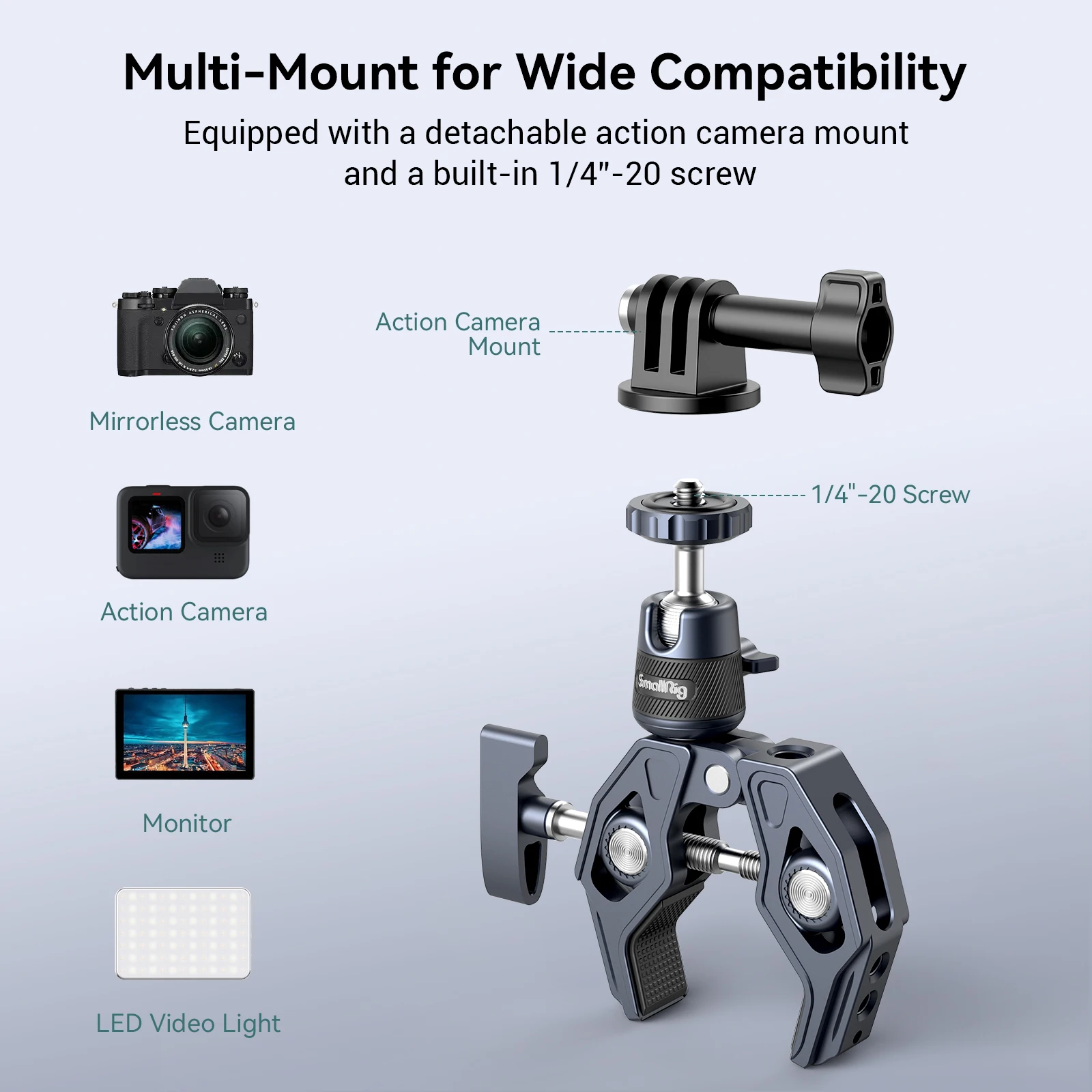 SmallRig 슈퍼 클램프 카메라 마운트 클램프(360 포함) °   Gopro 카메라 모니터 LED 조명용 볼헤드 퀵 릴리스 어댑터 -4102