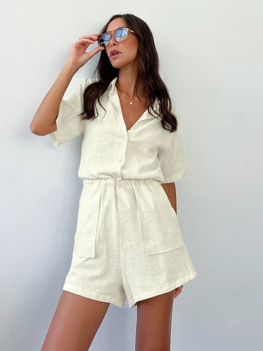 Marthaqiqi Casual Ladies Sleepwear Short Sleeve Nightgowns Sexy Turn-Down Collar Nightwear Summer Solid Cotton Women'S Jumpsuit