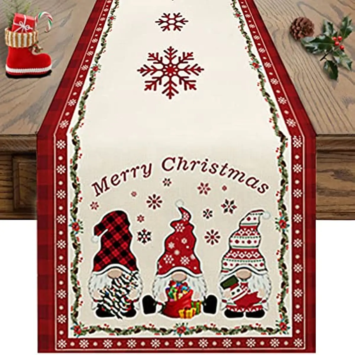 

2024 Merry Christmas Gnome Linen Table Runner Red Buffalo Plaid Wedding Decorations Dining Table Runner Navidad Decoration 2023