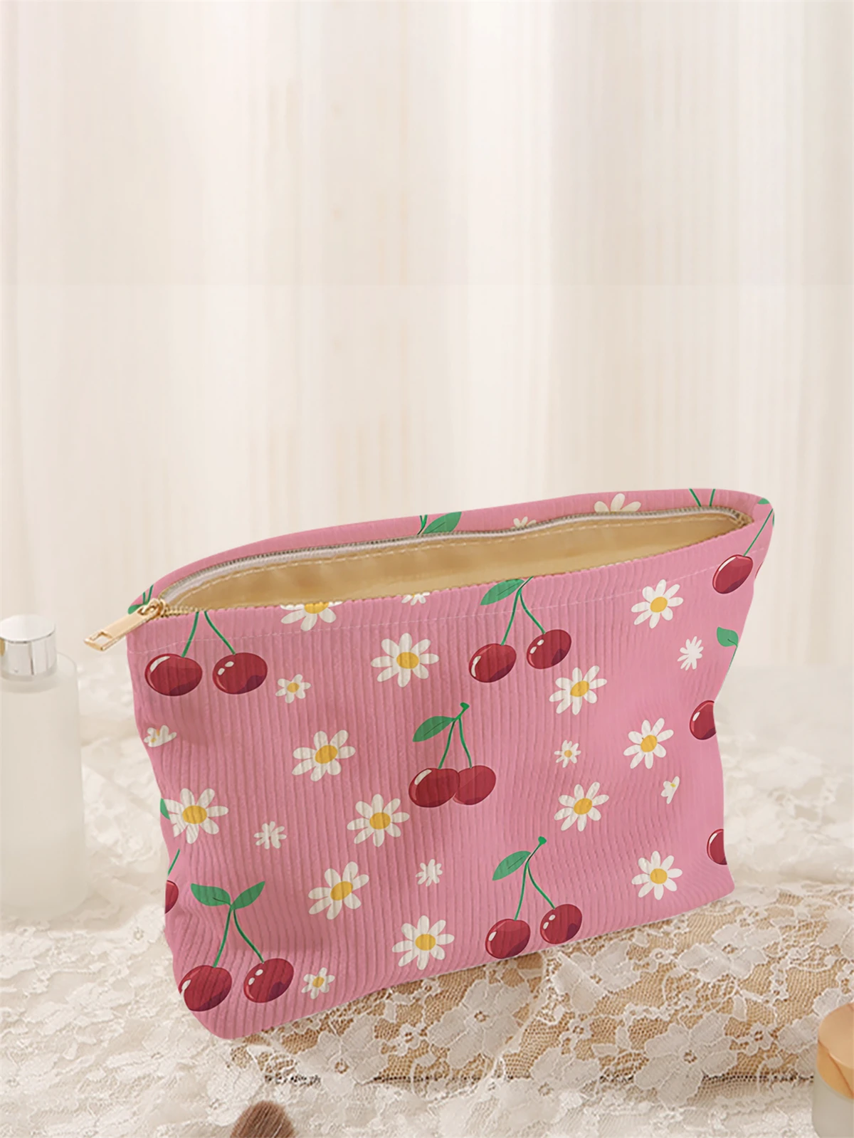 1 cherry patterned corduroy makeup bag, lightweight zipper makeup storage box, multifunctional bag with lining