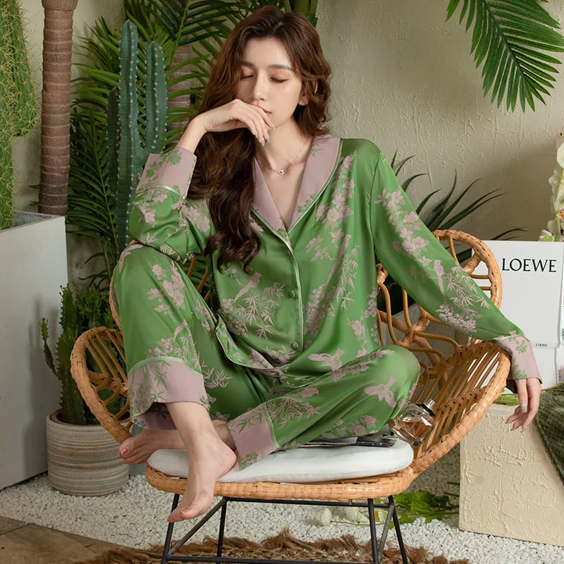 Spring Autumn Women's Silk Thin Imitation Pajamas Lapel Long Sleeve Pants Fashion Elegant Oversized Jacquard Home Clothing Set