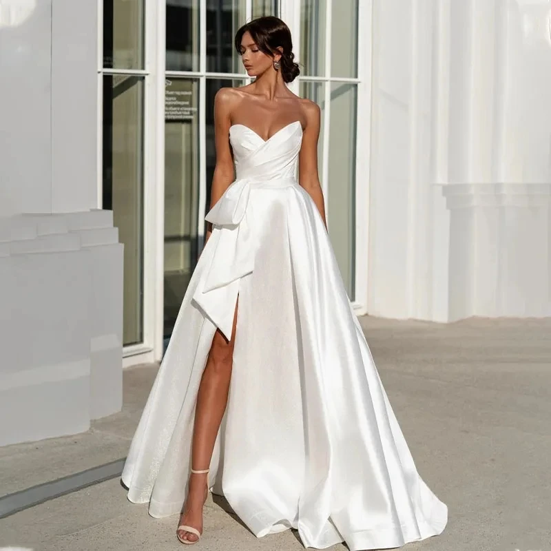 

OTHRAY Popular V-neck Pleat A Line Wedding Dresses Big Bow Side Slit Floor Length Vestido de Noiva Bridal Gowns 2024