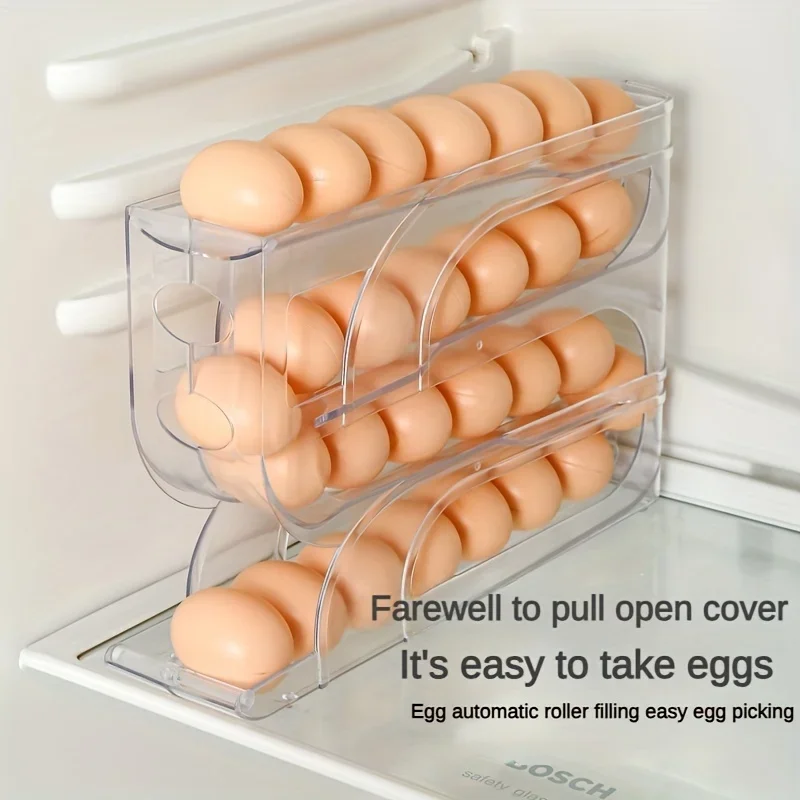 Egg Dispenser 4-Tier Sliding Automatic Rolling Egg Rack Refrigerator Storage Box Shatterproof Design