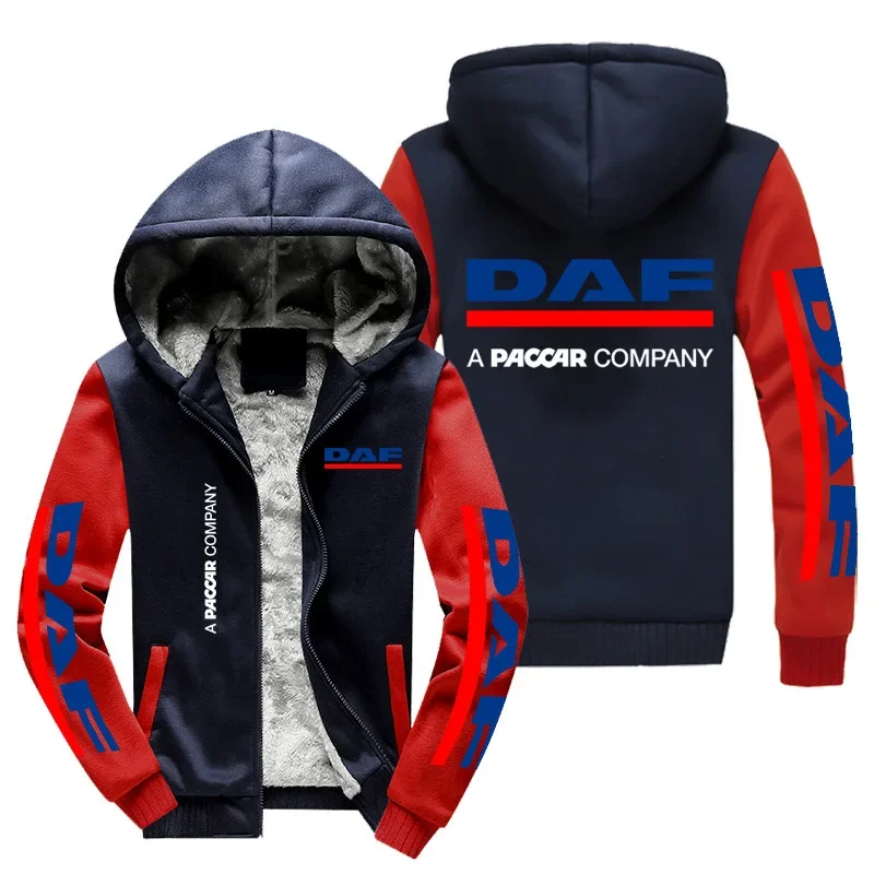 

New Winter Men Fashion High Quality DAF Truck Logo Long Sleeve Jacket Casual Hoodies Zipper Wool Liner Fleece Sweatshirt Coat