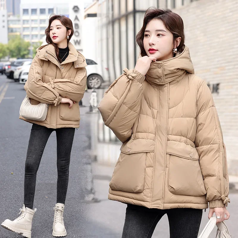 

2023 Winter Short Puffer Jacket Women 90% White Duck Down Coat New Korean Fashion Adjustable Waist Bow Sleeve Parkas Snow Wear