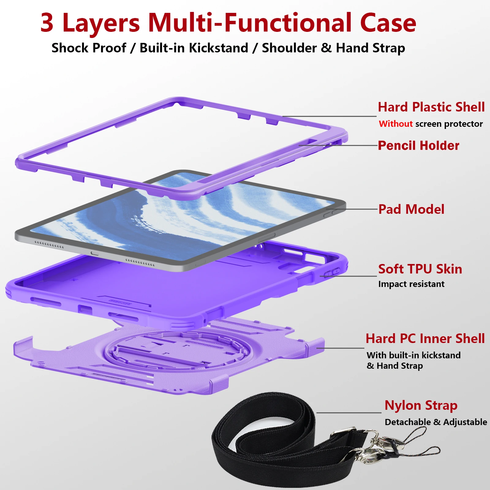 Full Body Shockproof Tablet Case with Rotating Hand Strap and Stand, 10.2-Inch