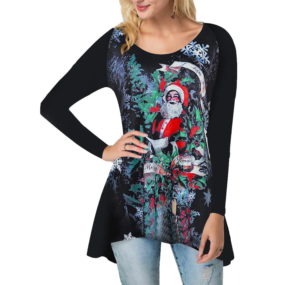 

2023 Xmas Women Christmas Print Loose Irregular Blouse Ladies Long Sleeve T-Shirt Tops