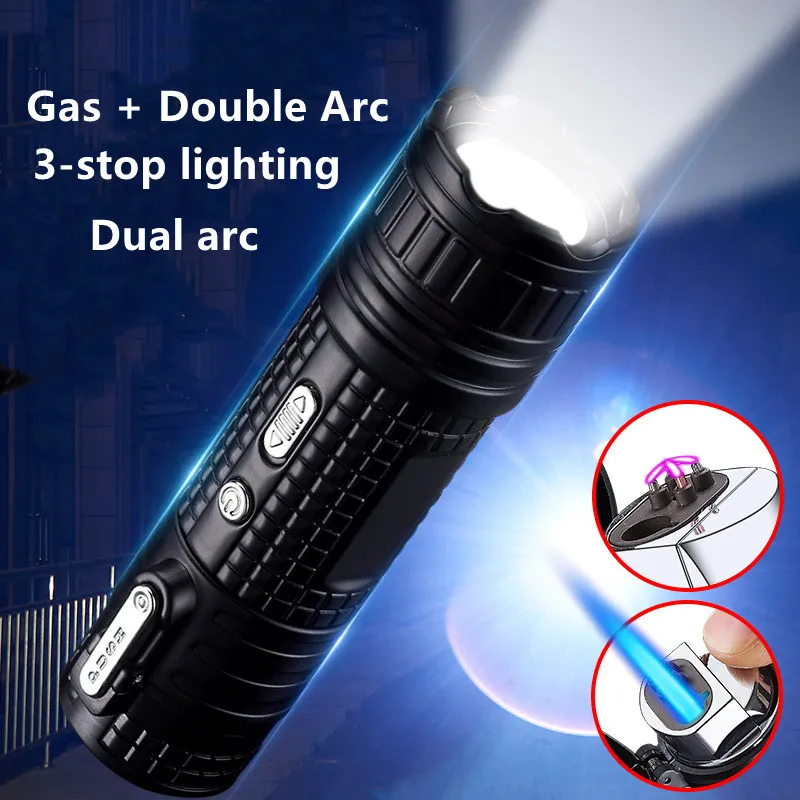 

Creative Metal Multifunctional Flashlight USB Dual Arc Butane Gas Lighter Outdoor Camping Windproof Blue Flame Torch Jet Lighter