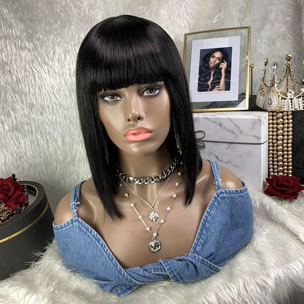 

Short Bobo Hair Wig Straight Human Hair Wigs with Bangs 180% Density Brazilian Human Hair Wigs for Women Machine Made Bob Wig