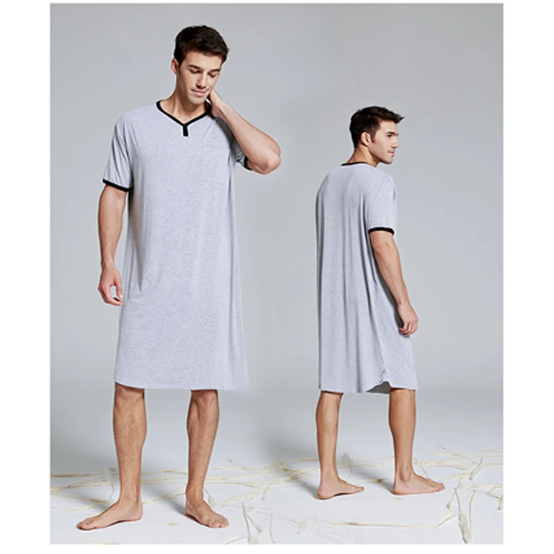 Mens Nightshirt Cotton Nightgown Nightwear Pajama Tops Short Sleeve Long T Shirt Bathrobe M-3XL Sleepwear 