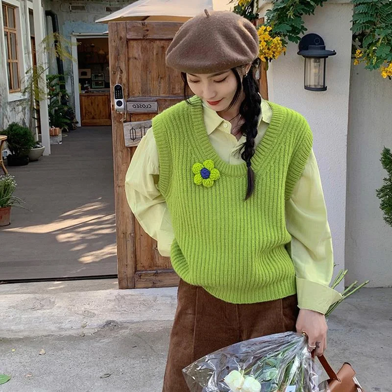

Japanese Green Flower Vest Sweater Female 2023 Autumn Vest Solid New Loose Sleeveless O Neck Knitted Tank Sweater Female Tops