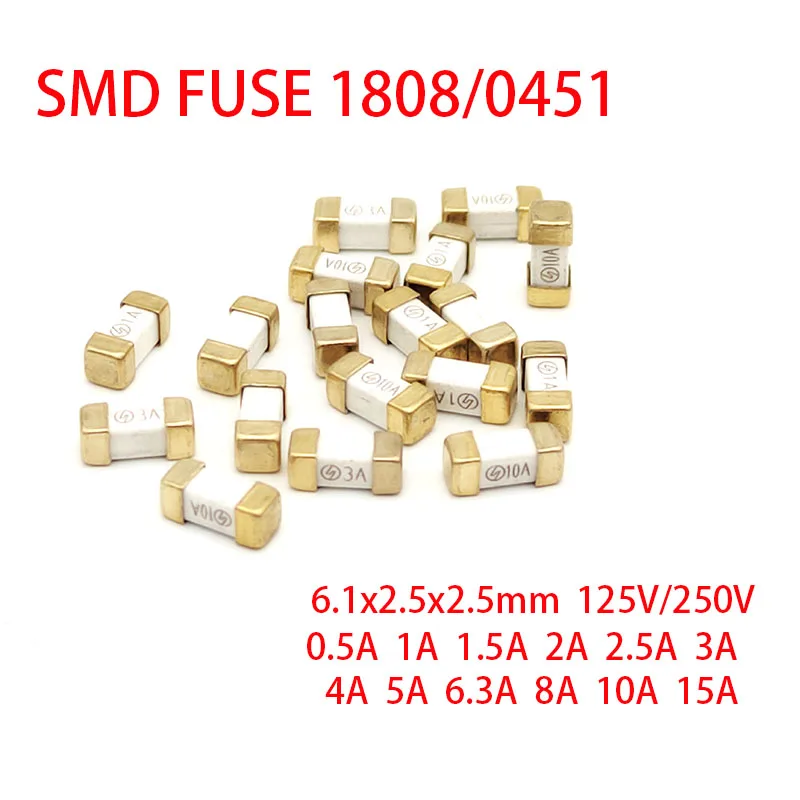 SMD Slow Blow Fuse 10PCS/LOT 1808/0451 Gold 0.5A/500mA 1A 1.5A 2A 2.5A 3A 4A 5A 6.3A 7A 8A 10A 15A 125V/250V