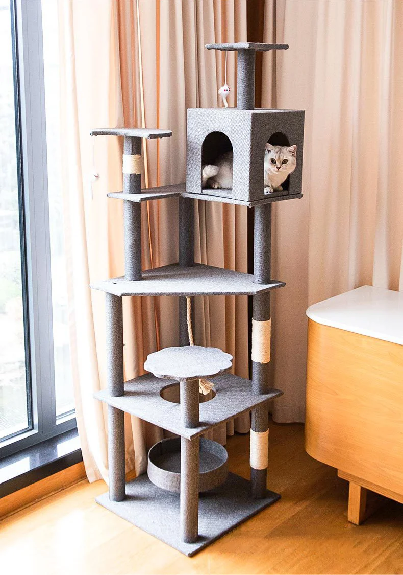 Cat Tree Tower Three Layers With Sisal Scratching Post Pet Furniture 167cm 66 Inch Condo And Wood Platform MDF Plywood OEM/ODM