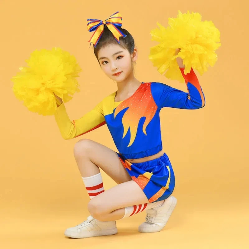 Pompoms And Socks Girls Cheerleading Uniform Flash Drill Dance Costume Long Sleeves Women Cheerleader Outfit Round Neckline