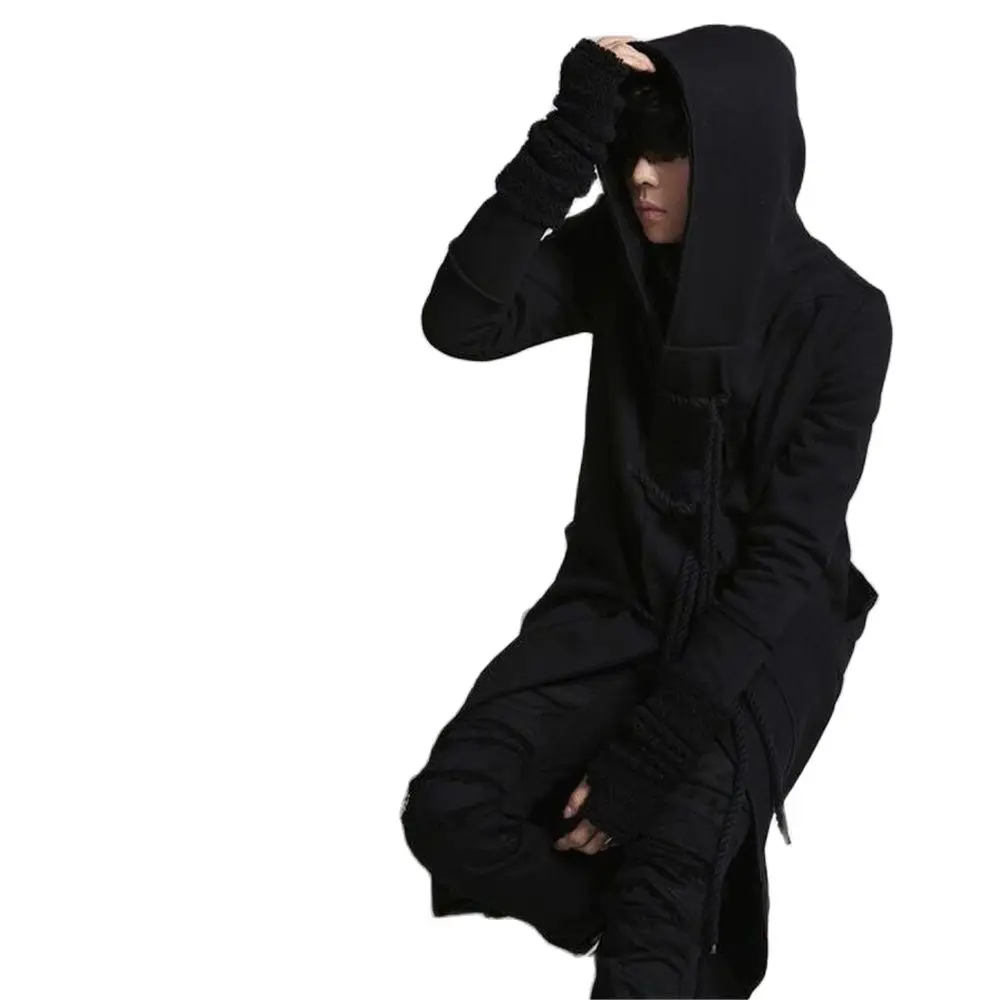 Winter Men Linen Rope Button Hip Hop Long Hoodie Gothic Hooded Cloak Nightclub Dj Singer Punk Rock Stage Costume Blends Overcoat