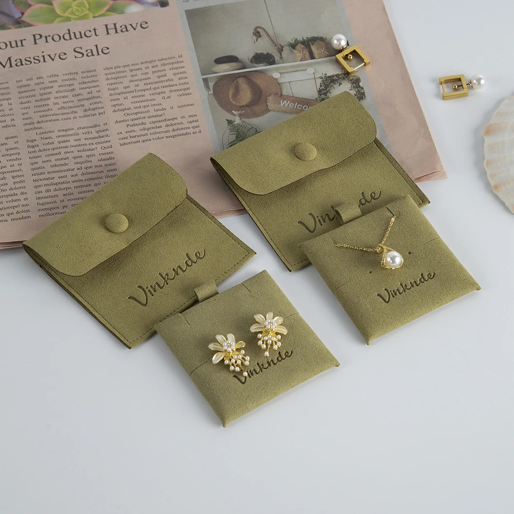 Custom Logo Snap Button Suede Jewelry Packaging Earring Gift Pouch with Insert Pad Cards Microfiber Necklace Ring Organizer Bags