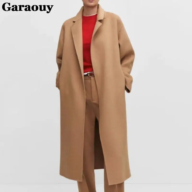 Garaouy Autumn Winter Women Basic Lapel Solid Belt Woolen Coat Female Casual Commut Outwear Loose Midi Length Jacket Overcoat 3