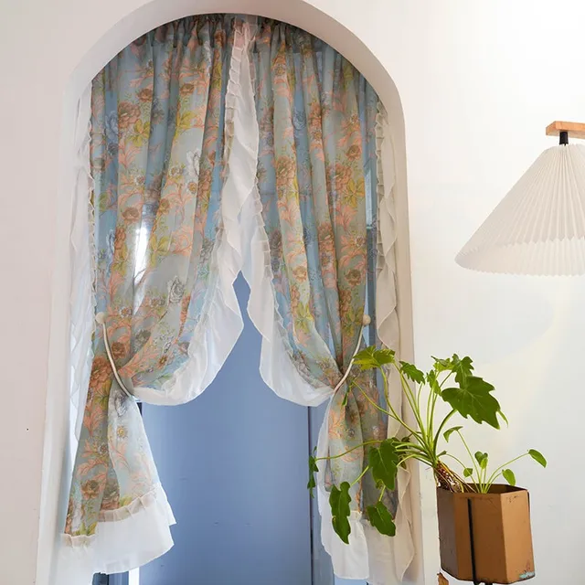 Idyllic American Rural Flowers Window Tulle Door Curtains Floral Gauze