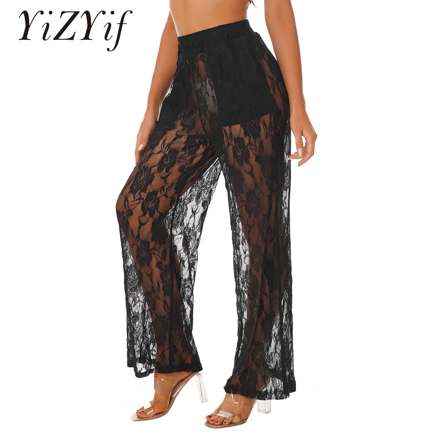 Sexy Women See-Through Wide Leg Pants Beach Swimsuit Cover Ups Bottoms Lace Mesh Sheer High Waist Casual Trousers Party Clubwear
